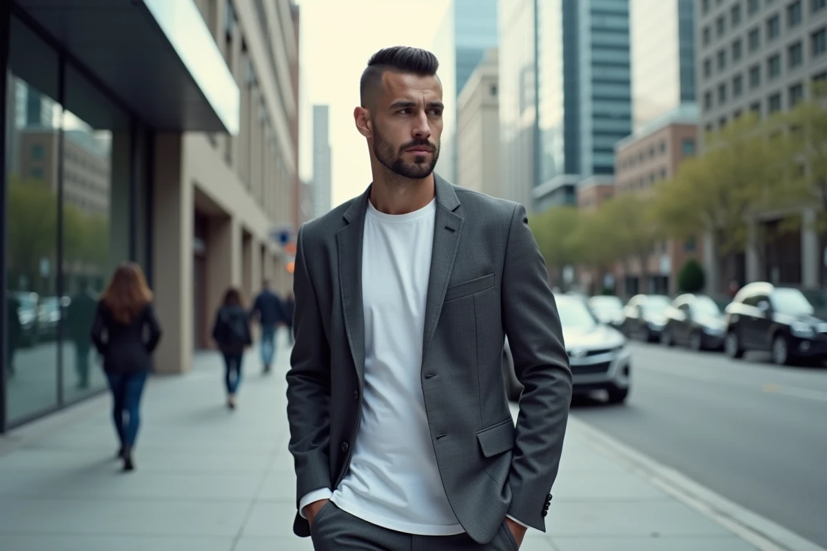 Homme élégant avec une coupe taper soignée marchant dans une rue urbaine moderne