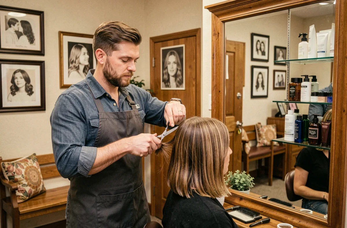 Coiffeur réalisant une coupe de cheveux mi-longueur dans le salon De Mèche avec Vous à Saint-Chamond