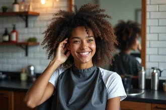 Femme aux cheveux bouclés avec un dégradé espagnol bien défini, assise dans un salon de coiffure moderne devant un miroir