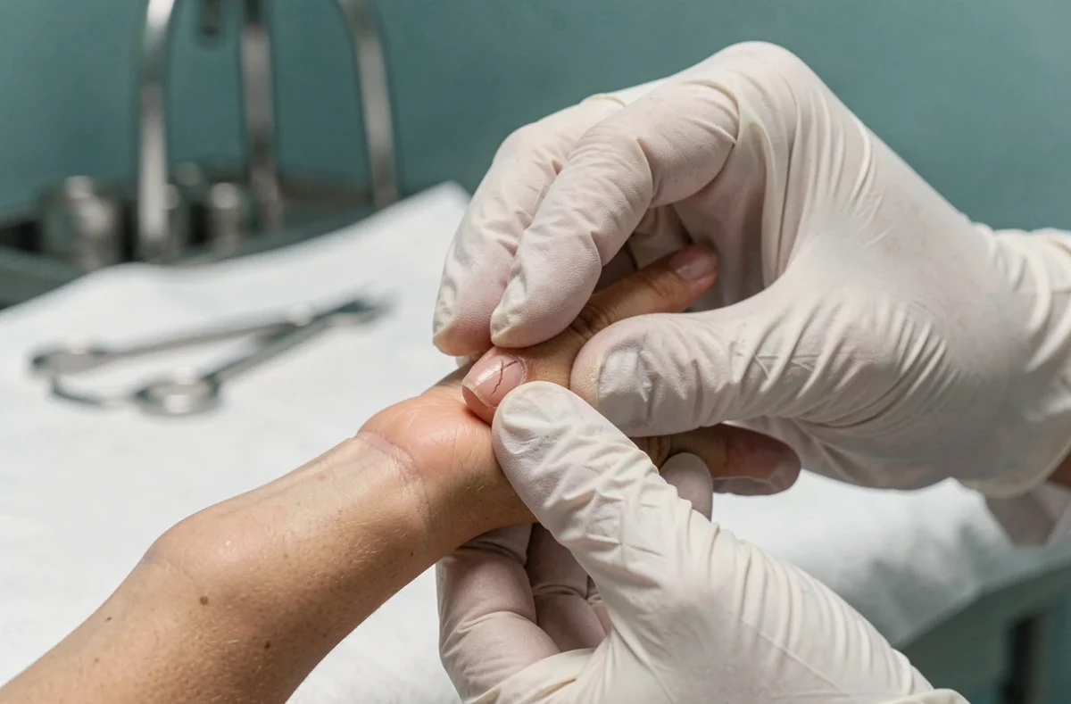 Mains gantées d'un dermatologue examinant un ongle fendu verticalement lors d'une consultation médicale