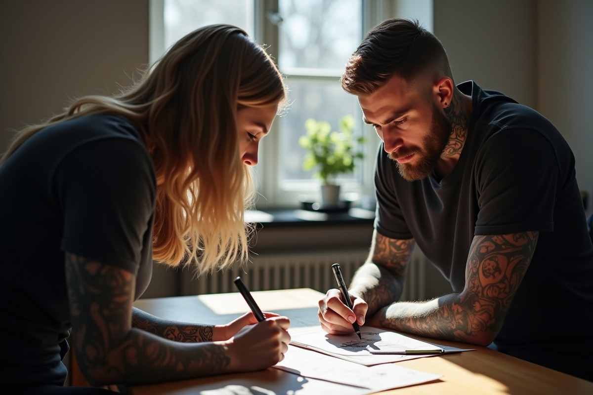 Personne discutant de tatouages avec artiste dans studio lumineux