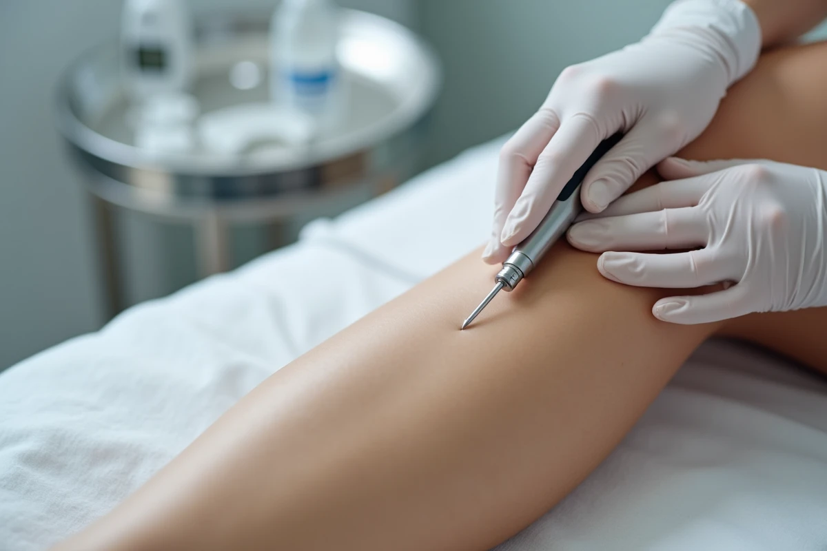 Gros plan sur une séance d'électrolyse sur la jambe après épilation laser, réalisée par une esthéticienne professionnelle