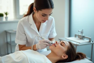 Esthéticienne pratiquant l'électrolyse sur le visage d'une cliente dans une clinique dermatologique à Montpellier