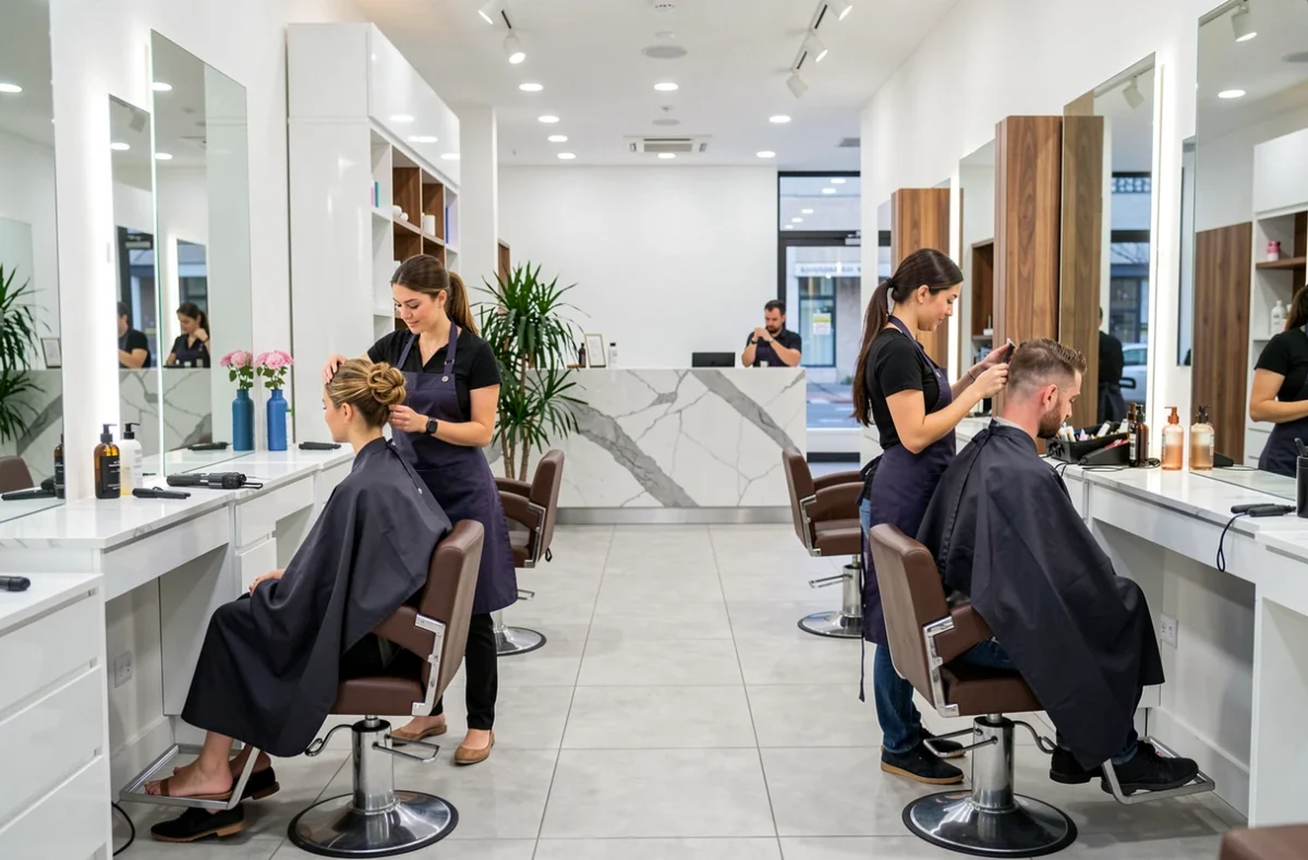 Salon de coiffure mixte Elle et Lui Coiffure à Roanne avec deux coiffeurs au travail