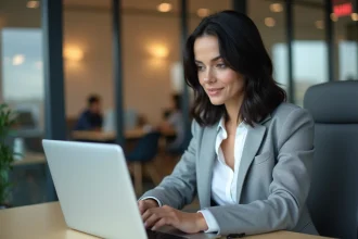 Employée L'Oréal consultant le site de vente au personnel sur son ordinateur portable au bureau