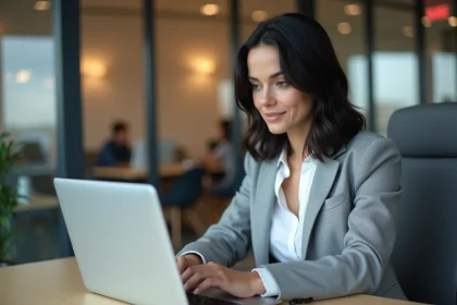 Employée L'Oréal consultant le site de vente au personnel sur son ordinateur portable au bureau