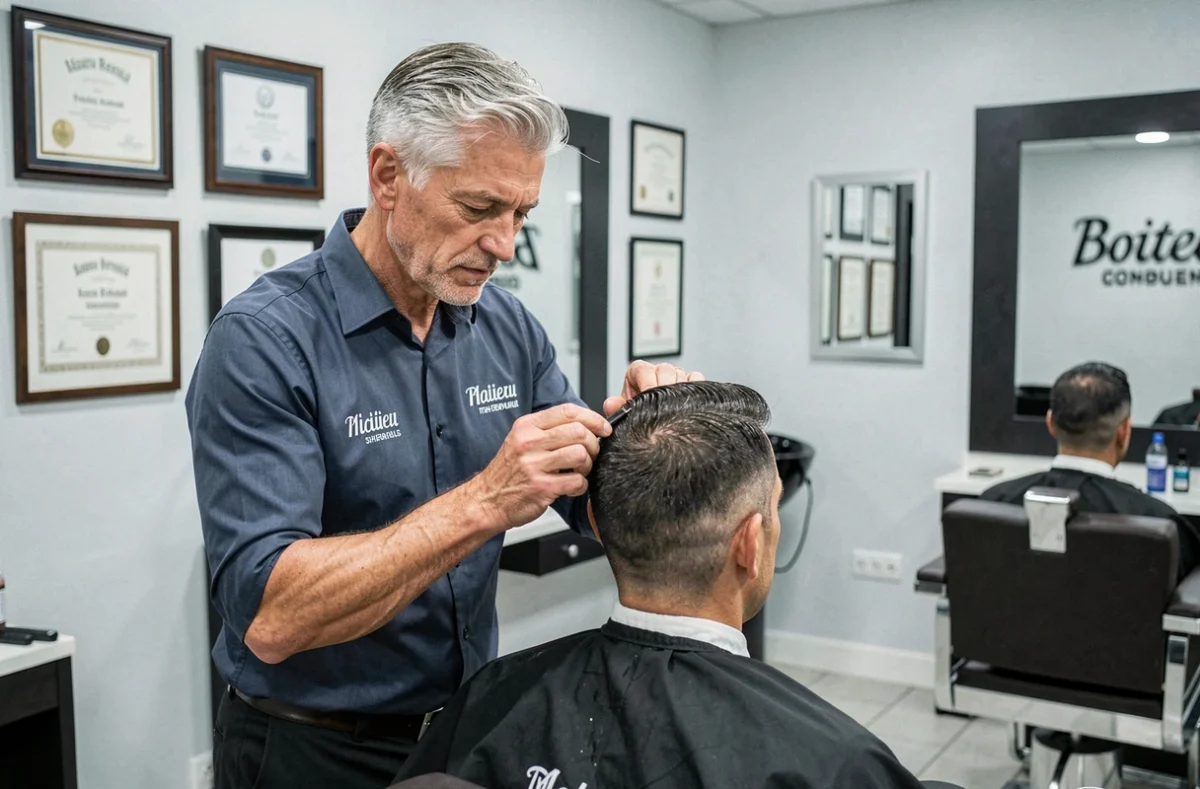 Styliste du salon Eric Stipa Coiffeur à Château-Renault réalisant une coupe masculine précise dans un cadre professionnel établi