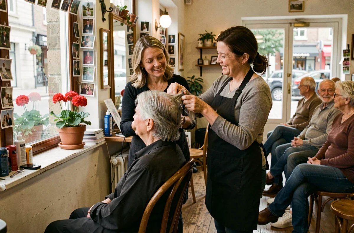 Coiffeuse du salon de quartier Ethys Coiff à Tours discutant chaleureusement avec une cliente fidèle pendant une coupe