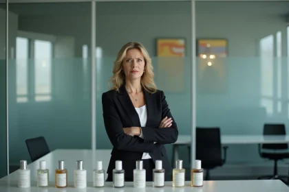 Femme d affaires regardant des flacons de parfum Chogan