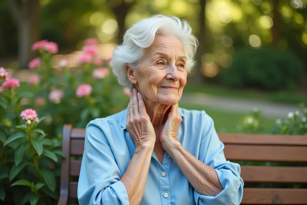 Femme âgée faisant un massage du cou dans un jardin