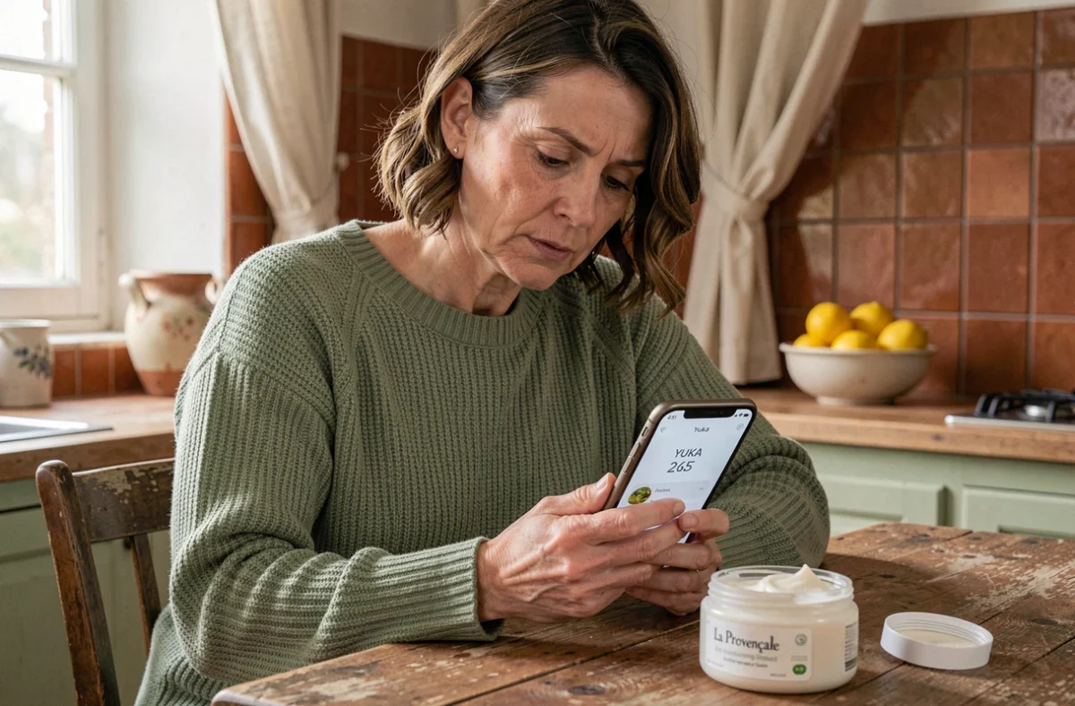 Femme utilisant l'application Yuka pour scanner un produit La Provençale bio dans une cuisine provençale