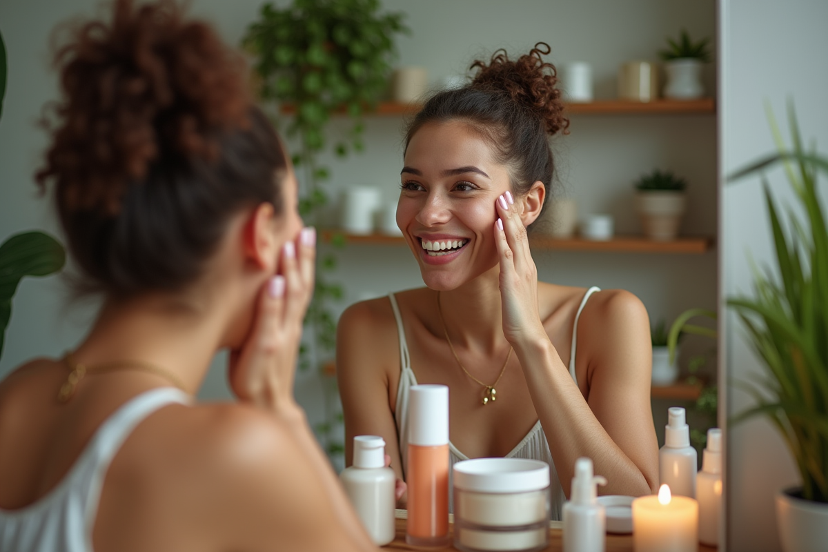 Femme appliquant crème visage devant miroir dans intérieur cosy