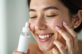 Femme souriante appliquant un serum sur la joue visage