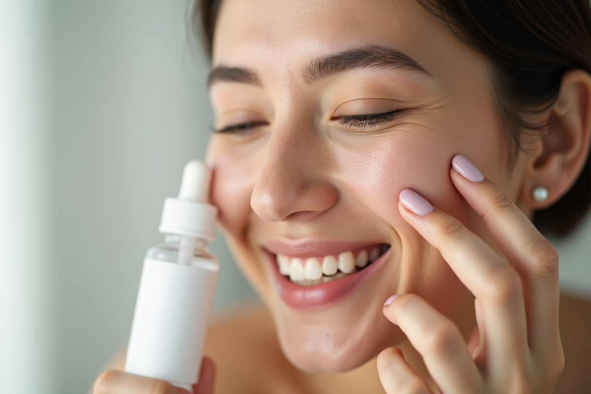 Femme souriante appliquant un serum sur la joue visage