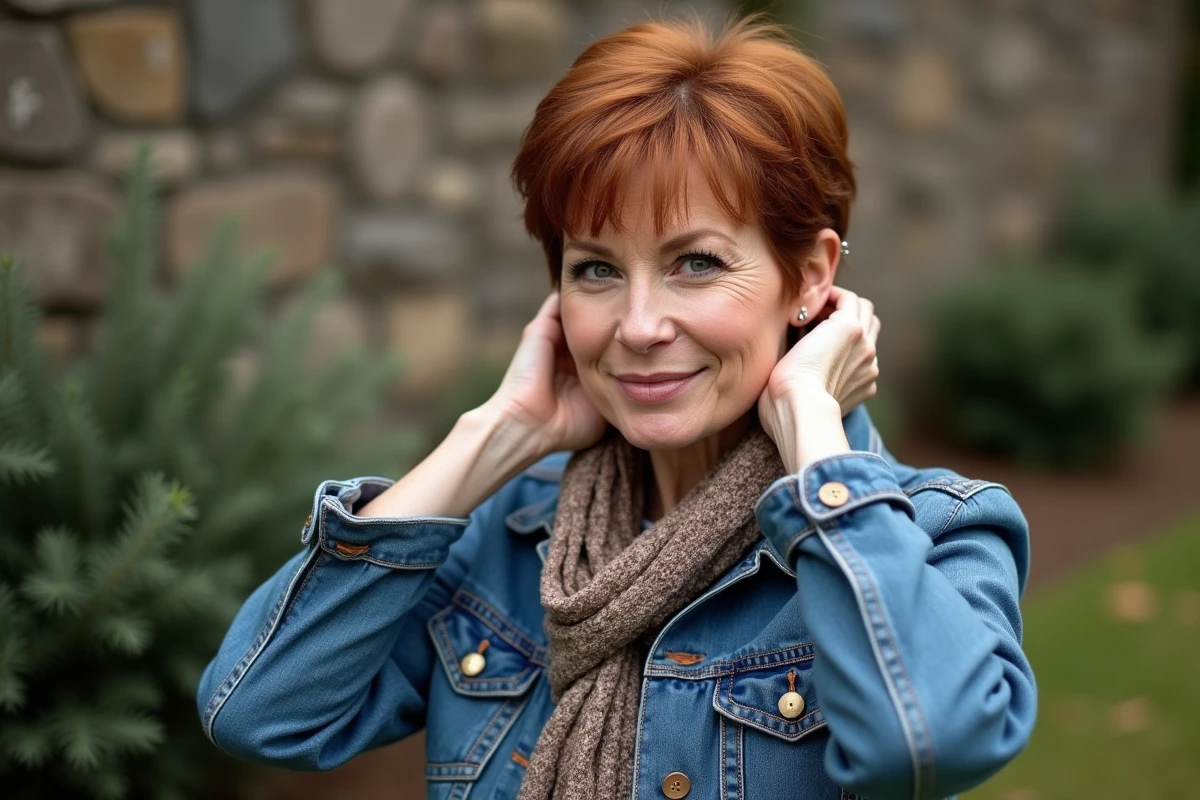 Femme aux cheveux roux courts ajustant sa coiffure en extérieur