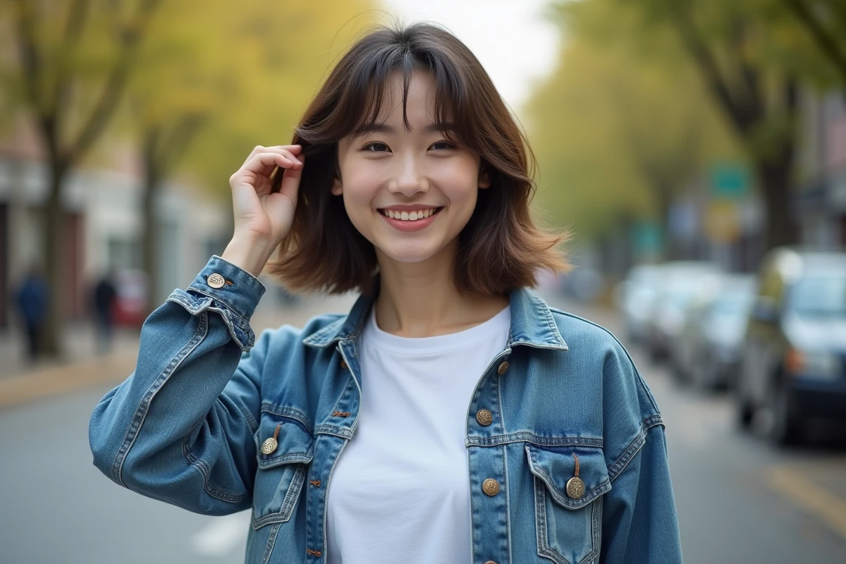 Jeune femme souriante avec bangs dans une rue urbaine