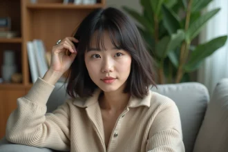 Femme regardant dans un miroir en tenant ses bangs