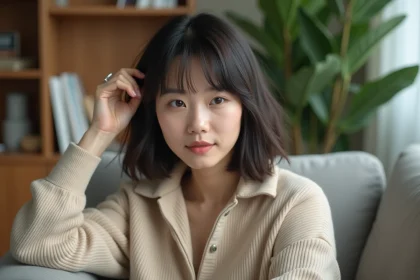 Femme regardant dans un miroir en tenant ses bangs