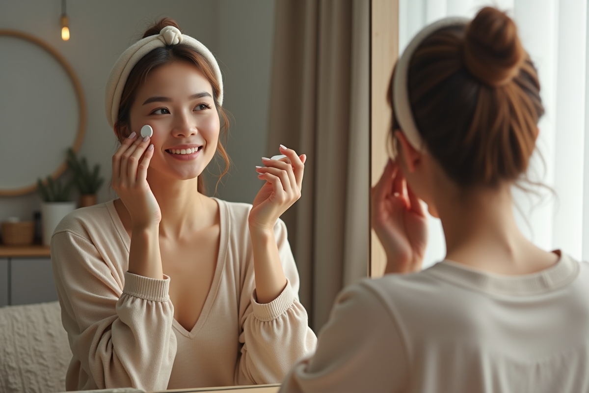 Femme appliquant un primer visage dans un cadre cosy