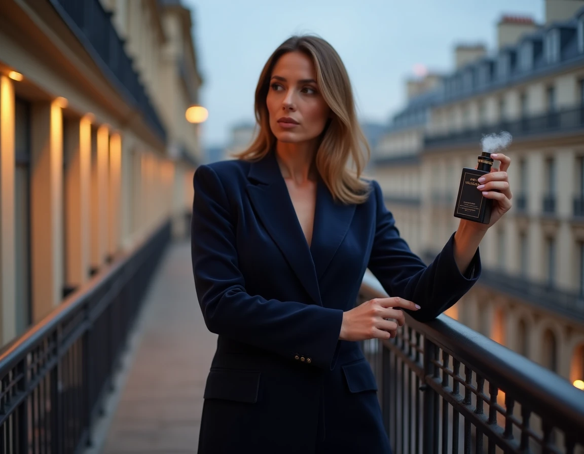 Femme en blazer velours marine vaporisant un parfum Zara sur une terrasse parisienne au crépuscule avant une soirée