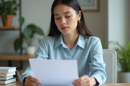 Femme en blouse bleue dans un bureau organisé