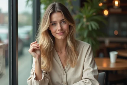 Femme élégante au café avec cheveux balayage