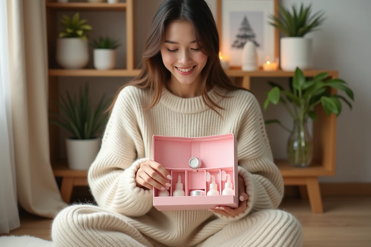 Jeune femme tenant un calendrier de l'Avent beauté coréen et découvrant un produit skincare miniature
