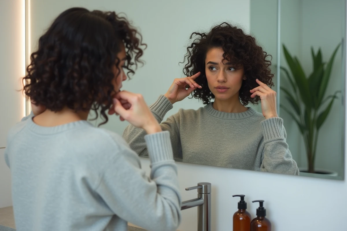 Femme inspectant sa coupe carré dégradée sur cheveux bouclés devant un miroir de salle de bain