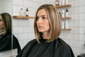 Femme aux cheveux fins avec un carré plongeant dégradé dans un salon de coiffure minimaliste