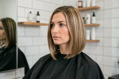 Femme aux cheveux fins avec un carré plongeant dégradé dans un salon de coiffure minimaliste