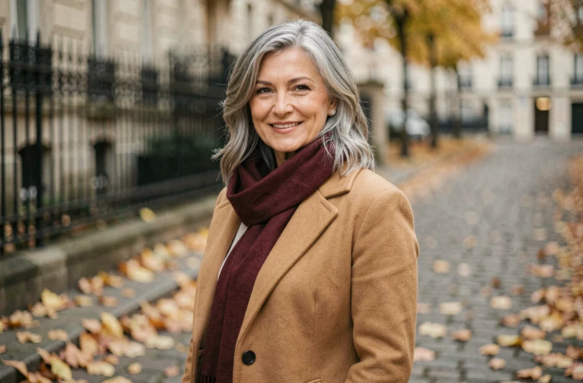 Femme élégante de 52 ans arborant des cheveux poivre et sel naturels dans une rue parisienne en automne, symbolisant la transition capillaire assumée