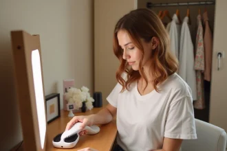 Femme coiffant ses cheveux avec un aérographe à la maison