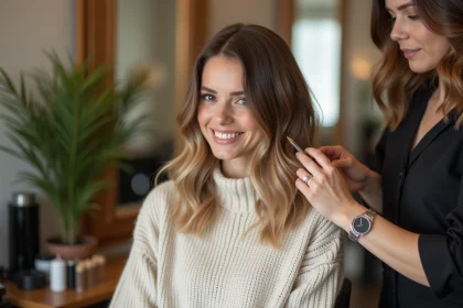Femme souriante en salon coiffure avec stylistes et reflet