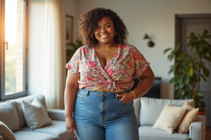 Femme confiante souriante dans un salon moderne en jeans et haut coloré