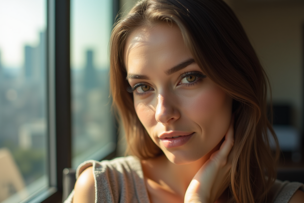 Femme confiante regardant droit avec maquillage subtil