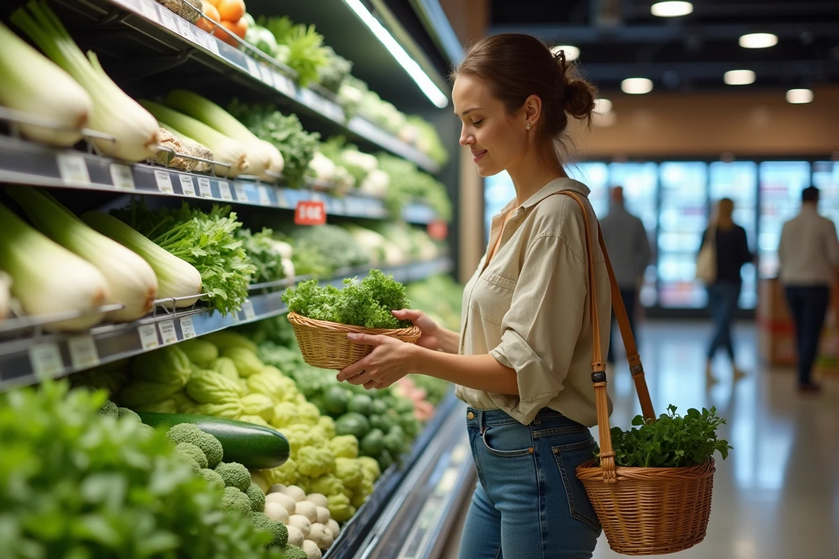 Femme faisant ses courses en épicerie, choisissant des légumes frais anti-rétention d'eau pour lutter naturellement contre la cellulite
