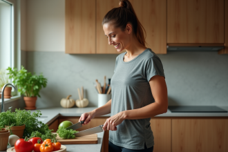Femme en cuisine préparant un repas sain avec des légumes frais