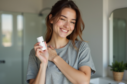 Jeune femme appliquant un déodorant naturel dans la salle de bain
