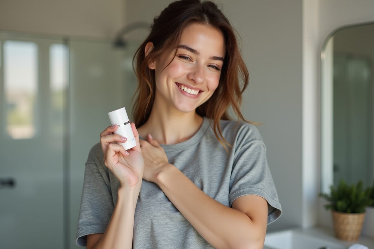 Jeune femme appliquant un déodorant naturel dans la salle de bain
