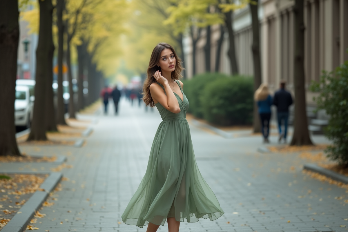 Jeune femme en robe verte dans la rue au printemps