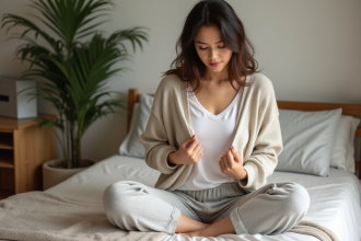 Femme relaxée assise dans une chambre cosy et naturelle