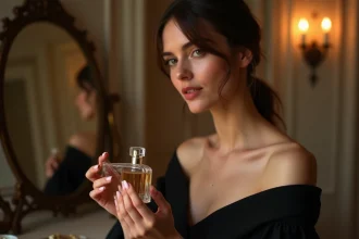 Femme élégante en robe noire tenant un flacon de parfum Zara devant une coiffeuse vintage parisienne