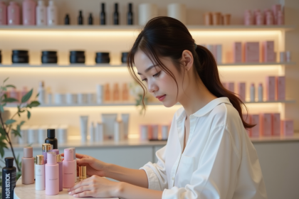 Jeune femme examine des produits de beauté colorés dans un magasin élégant
