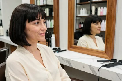 Femme aux cheveux avec une frange droite assise dans un salon de coiffure moderne se regardant dans un miroir