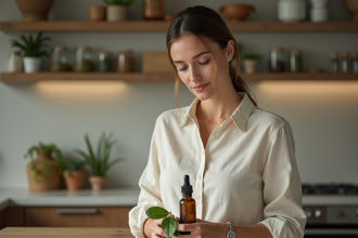 Femme tenant des feuilles de Ravintsara dans une cuisine chaleureuse
