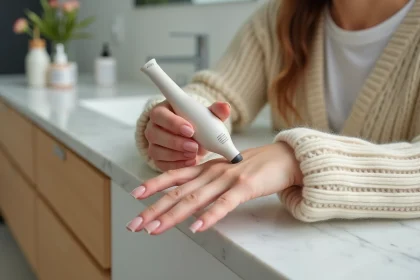Femme utilisant une lime électrique Lidl sur ses ongles à sa coiffeuse en bois