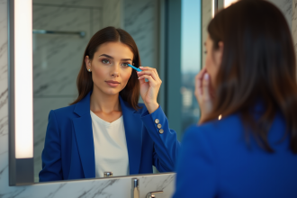 Femme appliquant du mascara bleu devant un miroir moderne