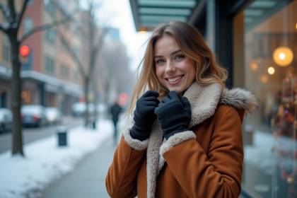Jeune femme en manteau d'hiver élégant en ville