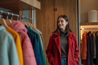 Femme essayant des manteaux d'hiver colorés en boutique