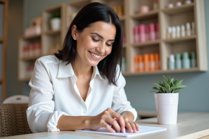 Femme en salon de manucure avec mains soignées